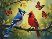 Load image into Gallery viewer, Wings of Harmony: Cardinal & Blue Jay Encounter by KayCeeS Designs