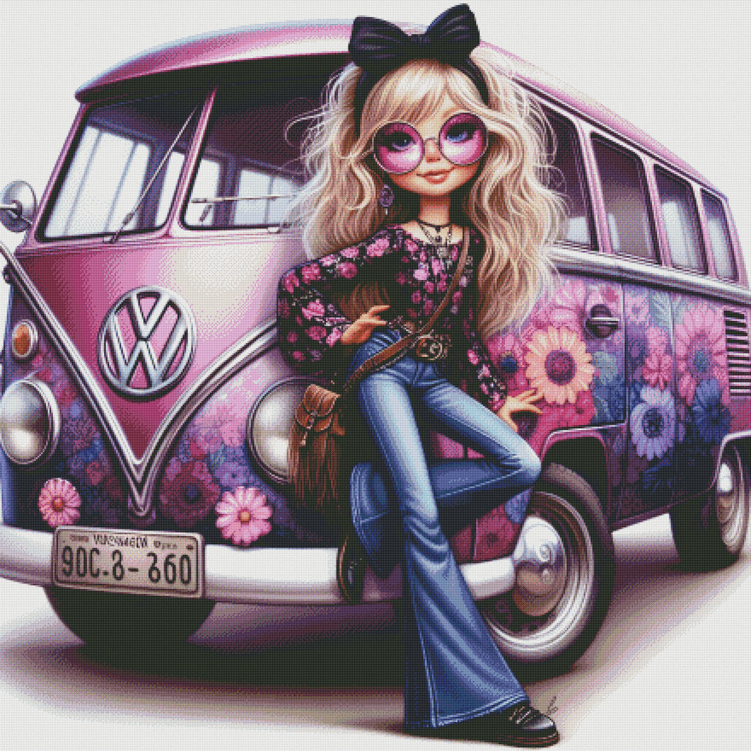 Hippie chick with her van